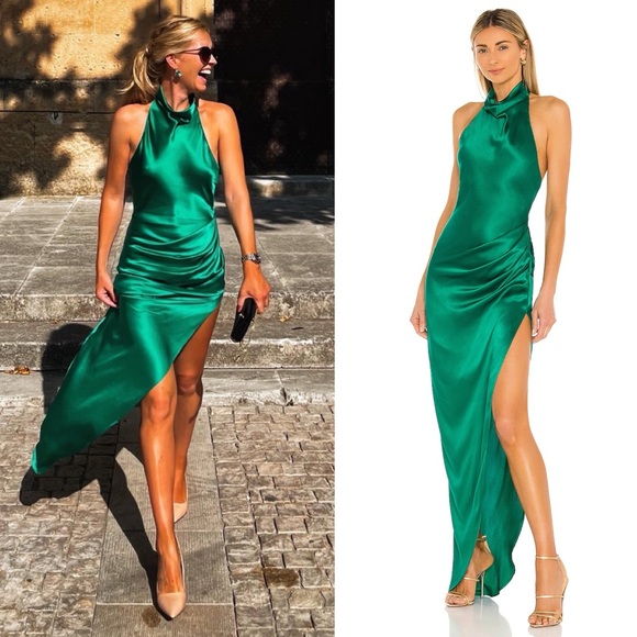 Amanda Uprichard X Revolve Samba Silk Halter Dress Emerald Green